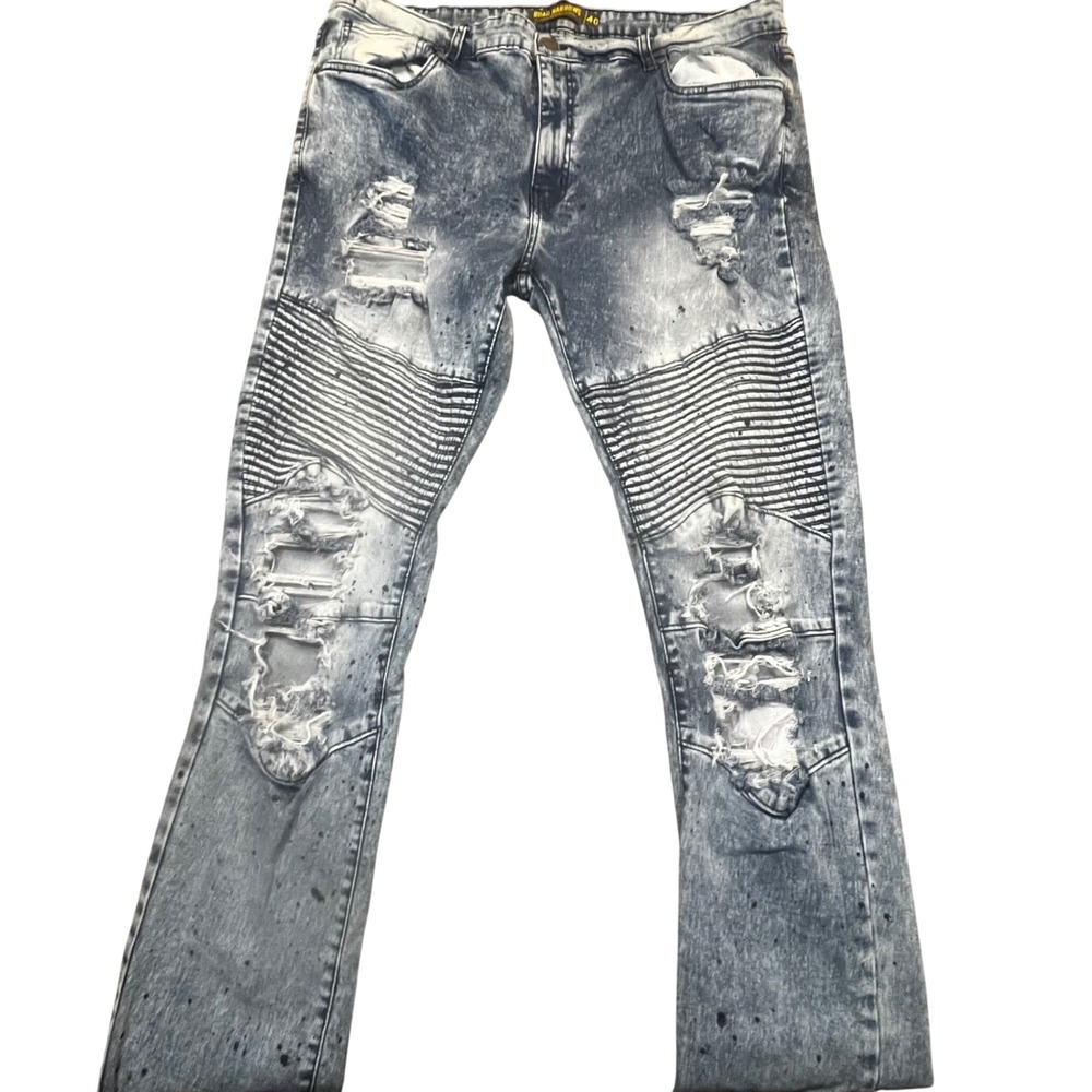 Road Narrows NYC Mens Moto Jeans 40 Distressed Acid Wash Paint Splatter Blue